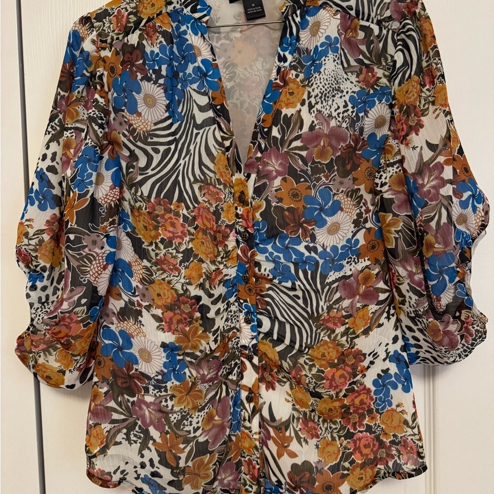 August Silk Gold and Blue Ruffled Blouse with Mandarin Collar